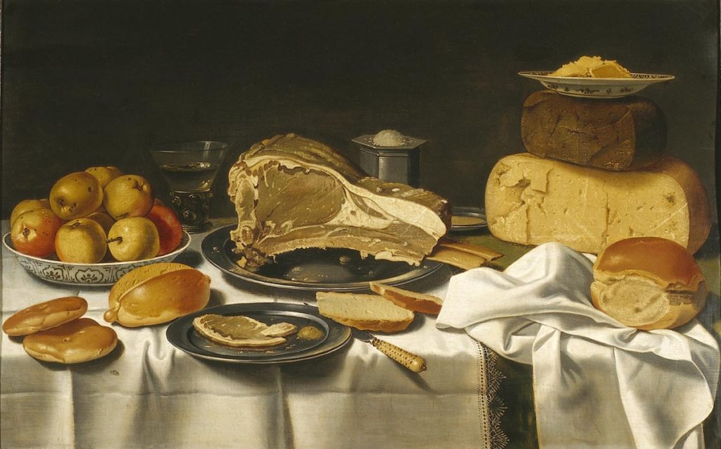 Stilleven met appels, gebraden vlees en kazen, Floris van Schooten, 1630, Prinsenhof, RCE