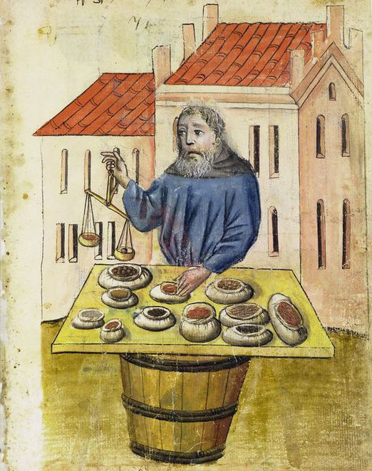 Specerijenhandelaar, vijftiende eeuw. Beeld: House Books of the Nuremberg Twelve Brothers Foundation