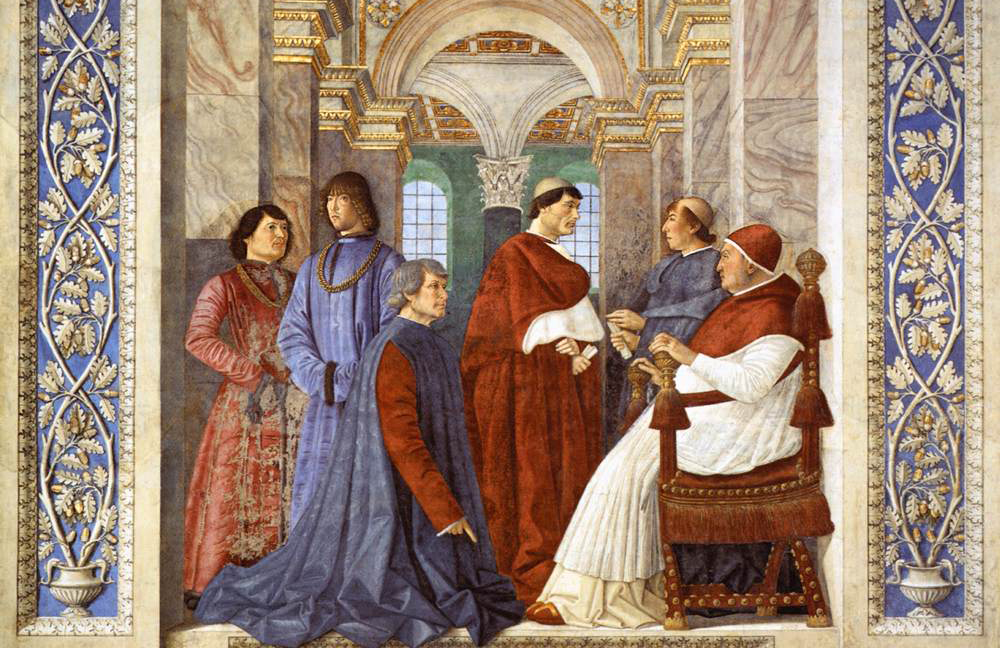 Fresco van Platina in Vaticaanse bibliotheek door Melozzo da Forlì 