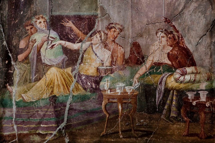 Roman fresco with banquet scene inside the House of Chaste