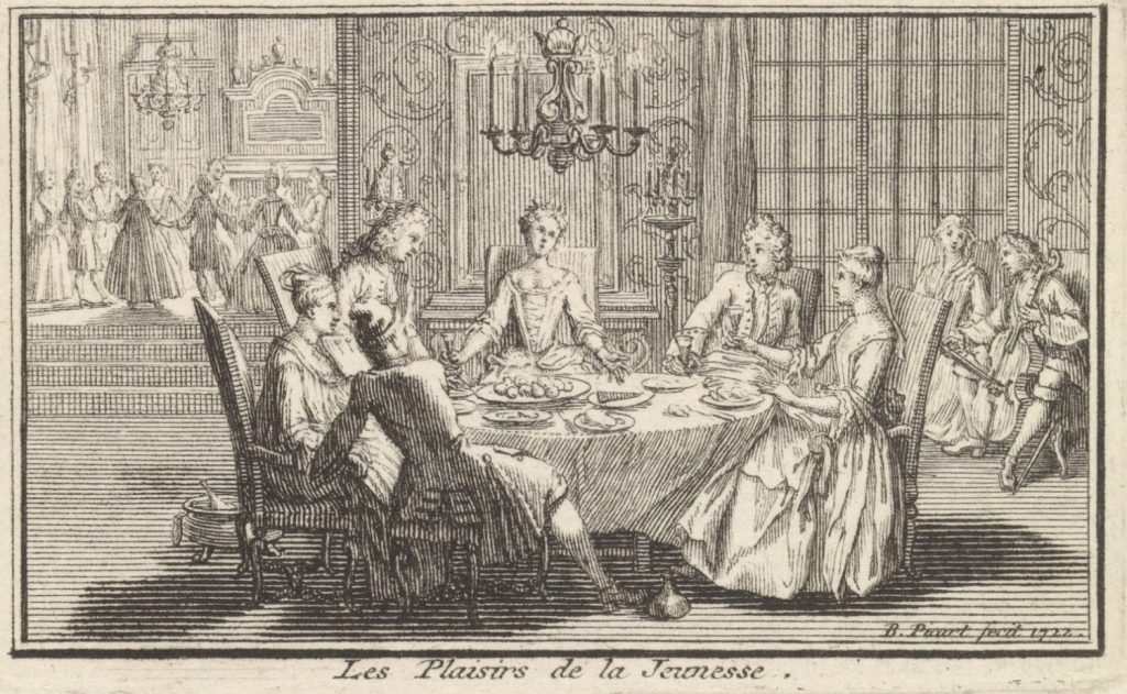 Elegant gezelschap rond een tafel, Bernard Picart, 1722, Rijksmuseum