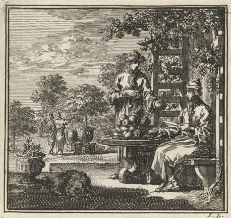 Gezicht op een tuin waar twee mannen sinaasappels bekijken, Jan Luyken, 1711, Rijksmuseum
