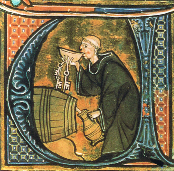 Monnik drinkt wijn in de middeleeuwen