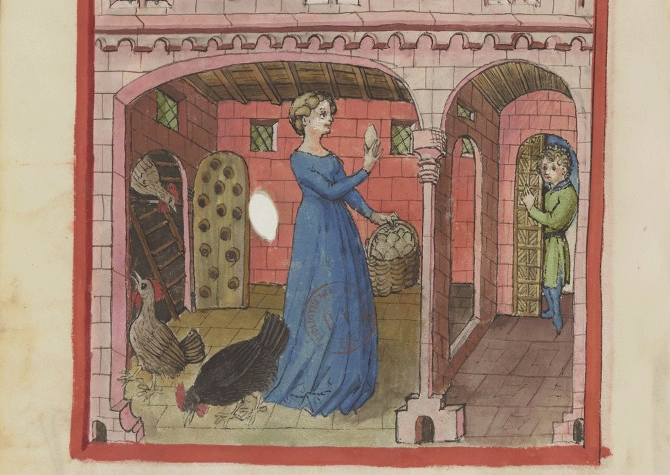Dame met kippenei, Tacuinum sanitatis, 14e eeuw, Bibliotheque Nationale de France