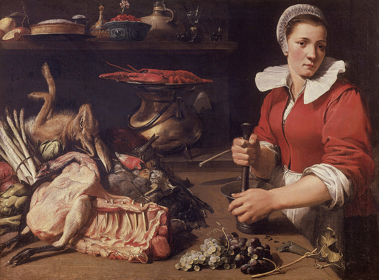 Keukenmeid vijzelt kruidnagels, Frans Snijders, ca 1630, Wallraf Richartz Museum, Keulen