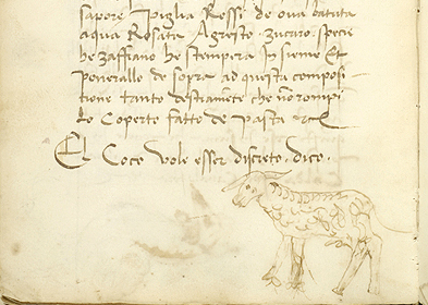 Receptpagina met schaap uit Cuoco Napoletano, 15de eeuw, Morgan Library