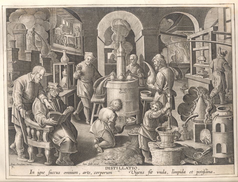 De uitvinding van de distillatie, Johannes Stradanus, 16e eeuw, Museum Plantin-Moretus Antwerpen